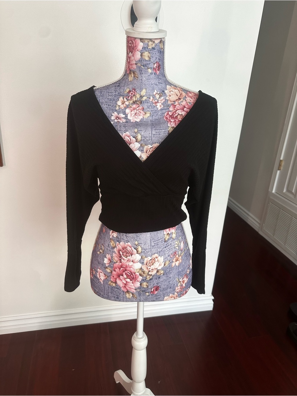 Women's Black Wrap-Front Long Sleeve Top